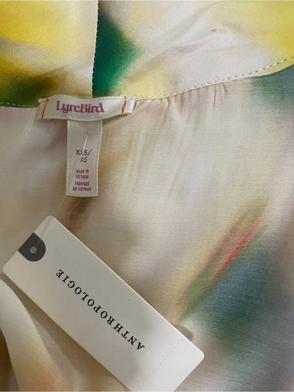 Anthropologie Cream Floral Tie-Waist Robe with Yellow & Green lyrebird